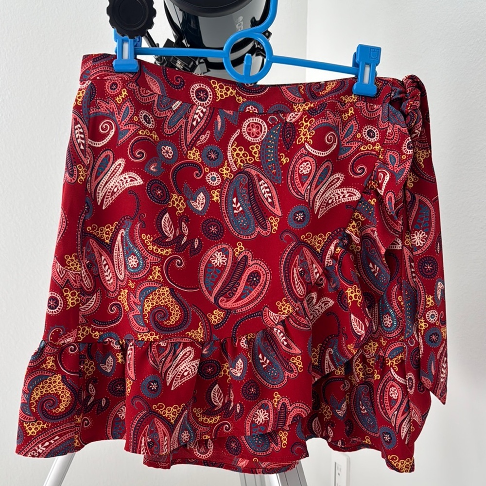 LOFT Red Bubble Mini Skirt with Ruffled Tie Front